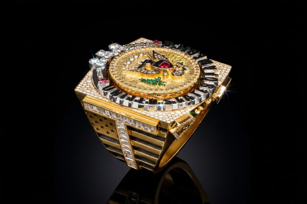In this image released Tuesday, June 30, 2026, a ring designed for U.S. President Donald Trump and crafted by Antwerp diamond designer David Gotlib. (David Gotlib via AP)