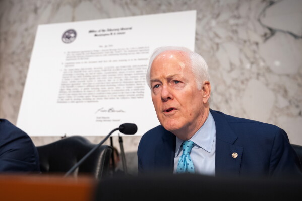Sen. John Cornyn, R-Texas, speaks during a hearing of the Senate Judiciary Committee with Acting Attorney General Todd Blanche on Capitol Hill in Washington, Wednesday, July 15, 2026. (AP Photo/Mark Schiefelbein)