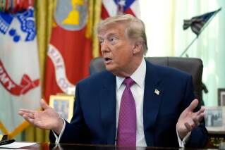 President Donald Trump speaks in the Oval Office of the White House, Thursday, Aug. 27, 2026, in Washington. (AP Photo/Manuel Balce Ceneta)