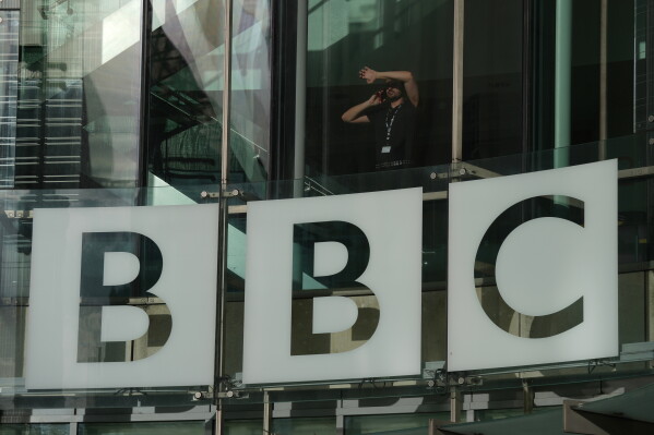 The BBC logo is displayed at its headquarters in London, Nov. 12, 2025. (AP Photo/Kin Cheung, File)