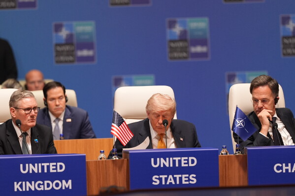 U.S. President Donald Trump, NATO Secretary General Mark Rutte, and Britain's Prime Minister Keir Starmer attend the plenary session at the NATO summit in Ankara, Turkey, Wednesday, July 8, 2026. (AP Photo/Alex Brandon)