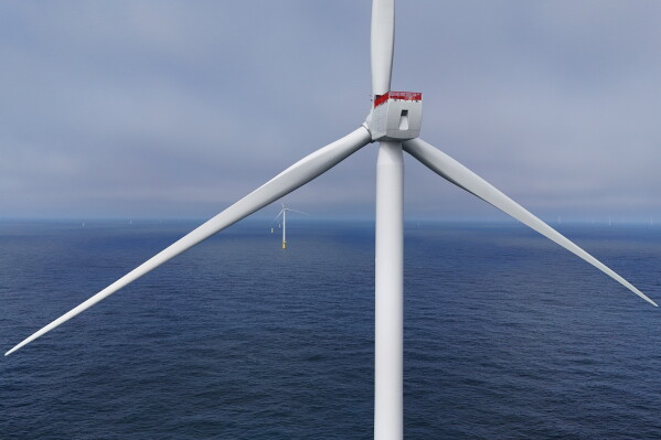 Turbines are visible at Sunrise Wind offshore wind farm that is under construction off the coast of Montauk Point, New York, April 23, 2026. (AP Photo/Joshua A. Bickel, File)
