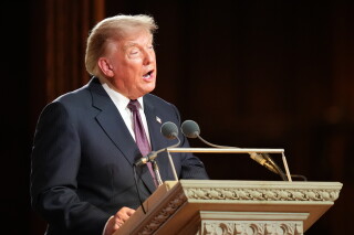 President Donald Trump speaks at the funeral of Sen. Lindsey Graham, R-S.C., at the Washington National Cathedral, Tuesday, July 28, 2026, in Washington. (AP Photo/Alex Brandon, Pool)