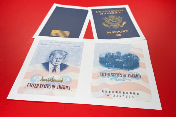 A sample of a limited release of a commemorative U.S. passport that celebrates America's 250th birthday and features a picture of President Donald Trump, is photographed, April 28, 2026. (AP Photo/Jon Elswick, File)