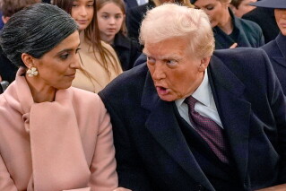 President-elect Donald Trump, from right, talks with Usha Vance and Vice President-elect JD Vance, not pictured, before a service at St. John's Church, Jan. 20, 2025, in Washington. (AP Photo/Evan Vucci, File)