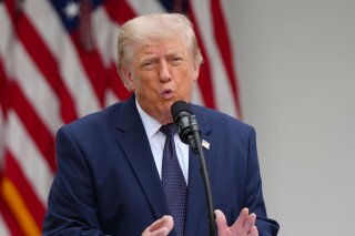 President Donald Trump speaks at a lunch in the White House Rose Garden, Monday, July 6, 2026, in Washington. (AP Photo/Julia Demaree Nikhinson)